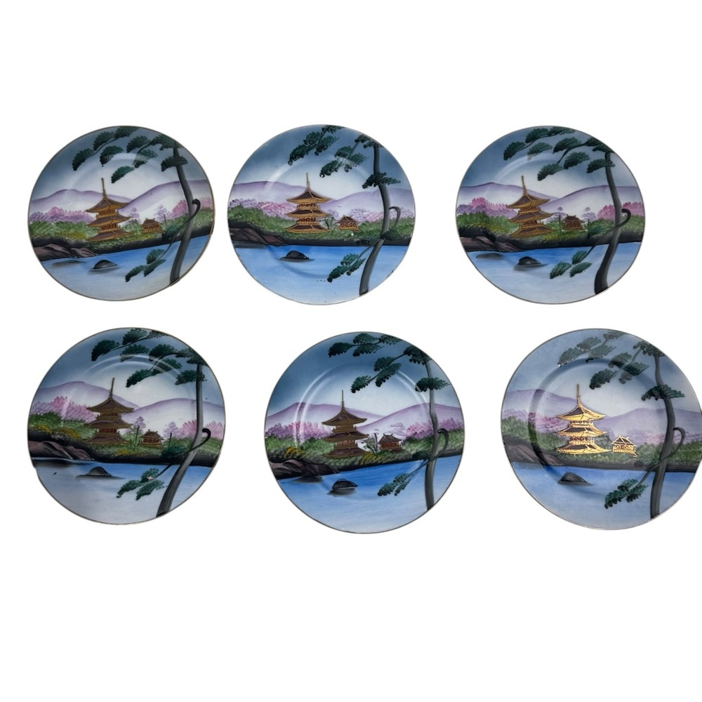 VTG Handgemalt Set of 6 Japanese Tea Plates Pagoda Lake Made In Japan 6.25”